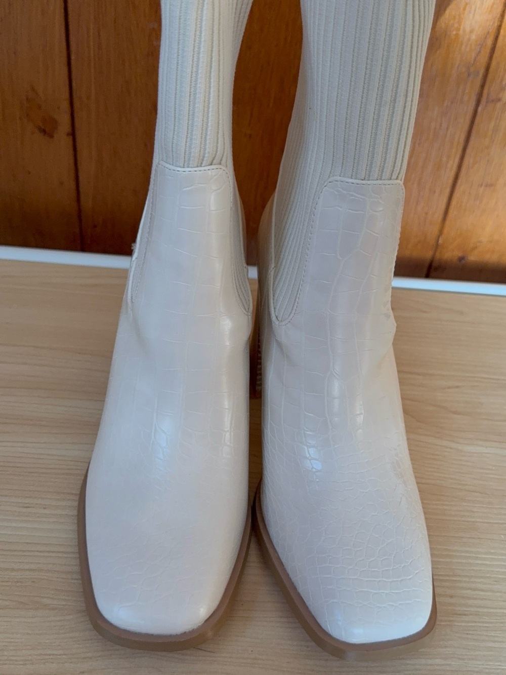 Lulus Cream Ivory Croc Embossed Knit Sock Boots Square Toe Block Heel NEW